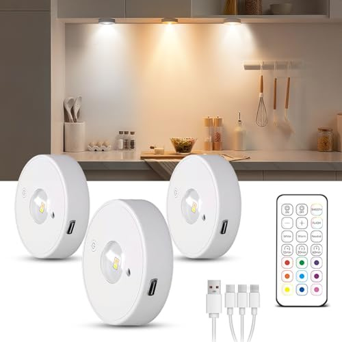 Tomshine 3 Lampes LED pour Armoires, Rechargeables Sans Fil USB avec Télécommande, 3 Températures de Couleur, Minuterie, Aimantées, Éclairage Cuisine Sous Meuble, Vitrines & Placards