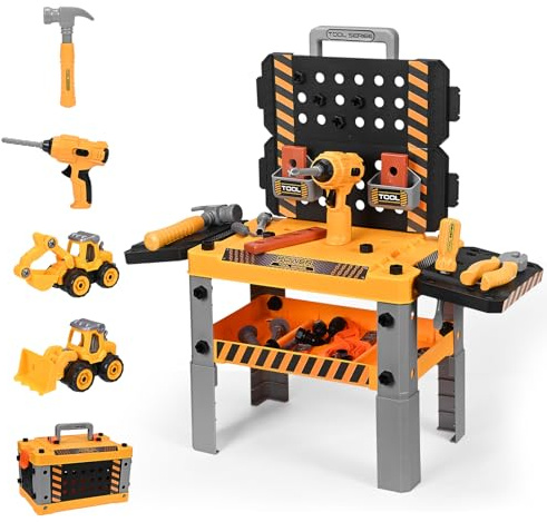 Juego de 92 piezas de banco de trabajo para niños a partir de 3 años, juego de juguetes para niños, incluye herramientas y accesorios, camión de construcción para montar, para promover habilidades
