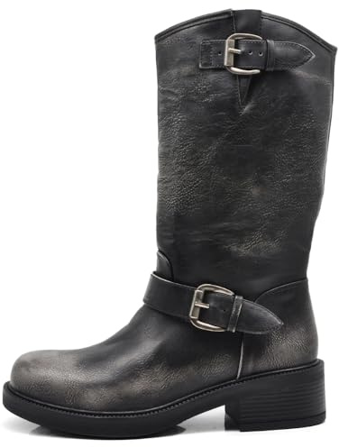 IF Fashion Scarpe Stivali da Donna Al Polpaccio Biker Motociclista Con Fibbie Anfibi Vintage MP2743-4 nero N.39