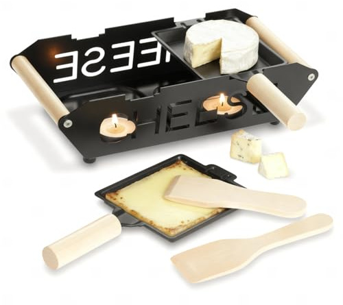 Raclette Bougie – Mini Raclette avec 2 Poêlons et Spatules Inclus - Service Individuelle, 2 ou 4 Personnes - Chauffe-Fromage en Métal et Bois Sans Électricité (2 personnes)
