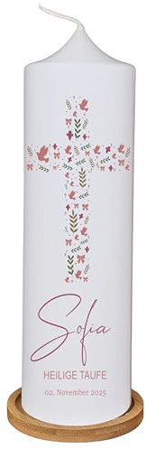 Emily Christening Candle, Communion Candle for Girls and Boys, with Flower Wreath, Natural Cross Heart, Wildflowers, Personalised with Name and Date