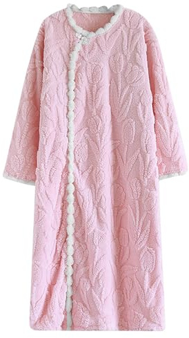 Långa nattlinnen för kvinnor utan fickor – damer vinter morgonrockar varma – långärmad husklänning vinter badrock pyjamas korall fleece nattlinne plus storlek komfort handduk rock, Rosa, M