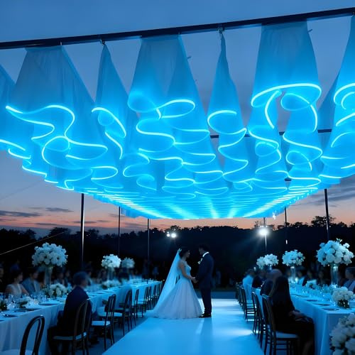 JIYINGHUI Ceiling Drapes for Weddings, Ceiling Drapes with Lights, 5 Panels Sheer Tulle Backdrop Photo Background Drapes for Ceremony Birthday Party Arch Decoration 40cmH-Iceblue