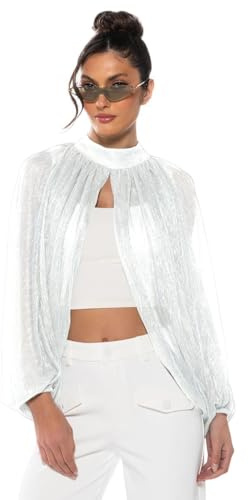 Edhomenn Women's Sheer Chiffon Blouse Shirts Glitter Solid Color Long Sleeve Mock Neck Open Front Tops Mesh Cover Up (White, S)
