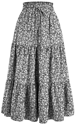 Boho Midi Skirts for Women UK | Tiered Gypsy Elasticated Drawstring High Waist A-Line Ruffle Summer Skirt