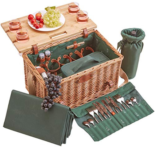 Les Jardins de la Comtesse - Picknickkorb Saint Honoré Grün aus Weide - Lederriemen - Komplett Für 4 Personen - Isoliertasche und Tisch Herausnehmbare/Porzellan Teller und Weingläsern - 45x28x28cm