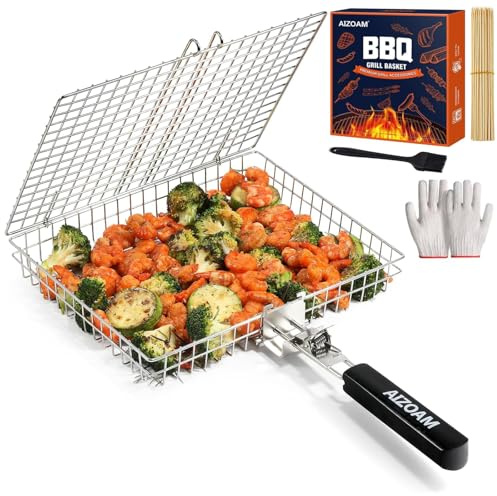 AIZOAM - Cestino per griglia per barbecue all'aperto, grande cestino in acciaio inox con manico rimovibile, griglia portatile per pesce, ideale per carne, pesce, verdure, accessori per grigliare