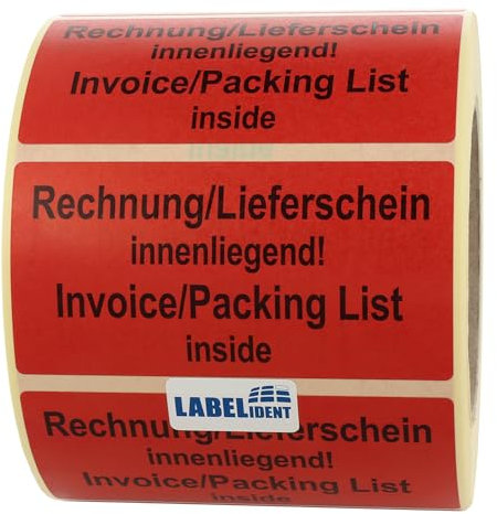 Warnetiketten 100 x 50 mm - Paket Aufkleber Rechnung/Lieferschein innenliegend Invoice/Packing List inside - 1.000 Versandaufkleber auf 1 Rolle(n), Papier selbstklebend