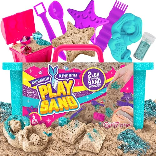 GirlZone Mermaid Treasures Play Sand Kit, 2lbs of Magic Sand for Kids Kit with Gems, Carry Case, and More, Fun Toy for Playdates and Great Gift Idea