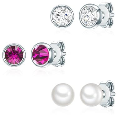 Rafaela Donata Damen Ohrstecker 3er Set 925/- Sterling Silber verziert mit Kristallen Süßwasser-Zuchtperle ca. 4,6 mm