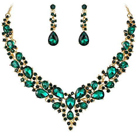 BriLove Wedding Bridal Jewelry Set for Women Austrian Crystal Teardrop Cluster Statement Necklace Dangle Earrings Emerald Color
