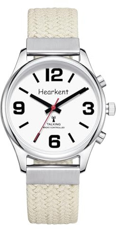 Hearkent Orologio parlante tedesco da donna, orologio da polso per anziani con grandi numeri, orologi per persone ipovedenti, orologio cieco o demenza, Nylon beige, Classico