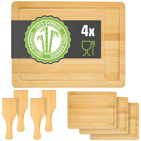 DuneDesign Juego de 4 Platos para Raclette - 30x22 Raclette Tablero de Madera con Espátula - Base para Sartenes Raclette - 1,2 cm de Espesor - Bambú Tablero de Madera - Soporte para Sartén Raclette