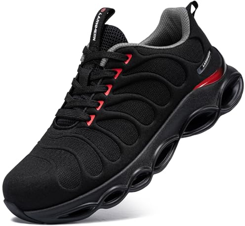 LARNMERN Zapatos de Seguridad para Hombre Zapatillas de Seguridad Cómodo Calzado de Seguridad Ligeras Punta de Acero Amortiguación Moda Respirable(Negro Rojo,42 EU)