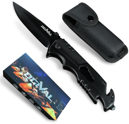 Ogival Klappmesser(Einhandmesser), Multitool-Taschenmesser mit Nylonscheide und Taschenclip, Flaschenöffner, Glasbrecher, Sicherheitsgurtschneider und Schraubenschlüssel, schwarz