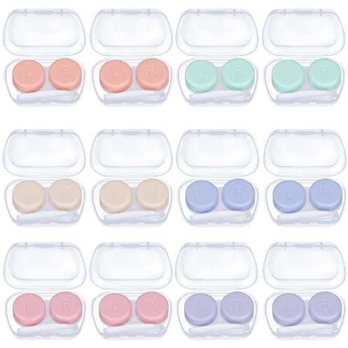 12 Pack Contact Lens Cases, Portable Contact Lens Case with 6 Colors, Mini Eyes Contact Lens Container,Left/Right Eyes Contact Lens Box with Tweezers Wearing Stick for Contact Lens Removal Store