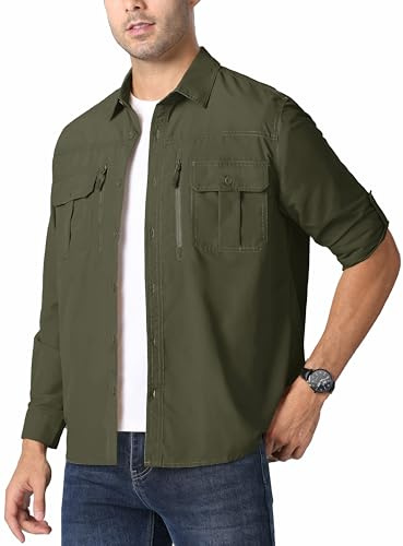 KEFITEVD Men's Button-Down Shirts Long Sleeve Smart Casual Shirt Moisture Wicking Combat Tactical Shirts Army Green XL