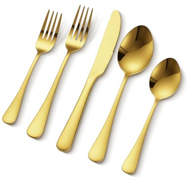 VEVOR Juego de Cubiertos de 60 Piezas, Acero Inoxidable de Grado Alimenticio para 12 Personas, con Acabado de Espejo, para la Cocina del Hogar, Incluye Cuchillo, Tenedor y Cuchara, Color Dorado