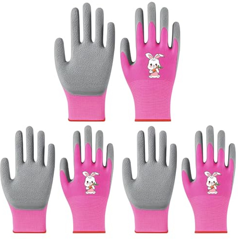 KIRVOS Guanti da Giardinaggio per Bambini, 6 Pezzi, Rosa e Grigio, con Motivo Coniglietto, 17 cm