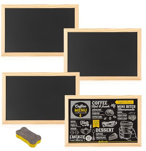 Lot de 4 tableaux à craie avec cadre en bois, 30 x 20 cm, mini tableaux mémo, avec 1 gomme éponge, inscriptions, tableaux à craie en bois pour enfants, buffet, mariage, fête