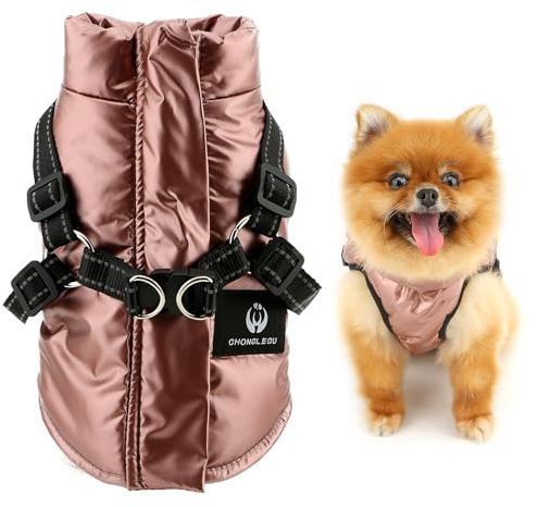 SMALLLEE_LUCKY_STORE fleecefodrad vattentät hundrock för små hundar reflekterande varm vinter valpväst jacka med D-ring justerbar polokrage vadderade kläder chihuahua yorkie outfit rosa XS