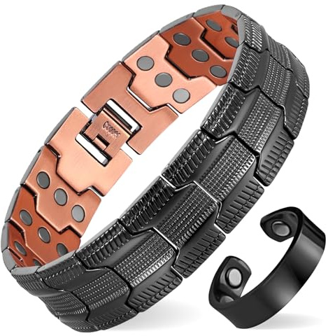 MagEnergy Pulsera de cobre para hombre, tres imanes ultra fuertes, diseño masculino, pulsera magnética de cobre puro, longitud ajustable con herramienta de ajuste de tamaño (traje negro), Eine Grösse