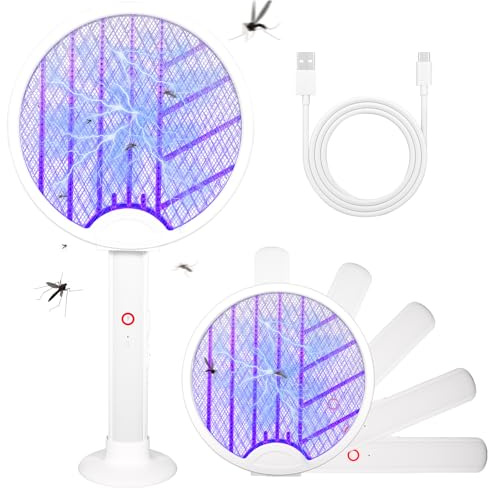 NXPZ Racchetta Zanzare Elettrica, Pieghevole 4000V con USB Ricaricabile e LED Trappola per Zanzare, Dotata di Base Stabile, Protezione dal Tatto, per Uso Interno ed Esterno