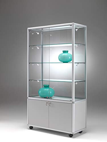 MHN Glasvitrine mit Rollen T 52,5 x B 79 x H 184,5 cm - breite Ausstellungs-Vitrine mit Unterschrank abschließbar - Glas Vitrinenschrank - LED-Beleuchtung