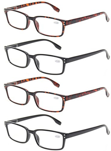 Kerecsen 4-Pack Rectangular Retro Style Men Reading Glasses Spring Hinges Comfortable Readers (+2.00, 2 Black 2 Tortoise)