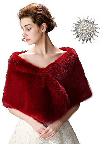 Anglacesmade Bridal Faux Fur Wrap Wedding Fur Stole with Brooch Evening Party Warm Shrug Cape (Dark red)