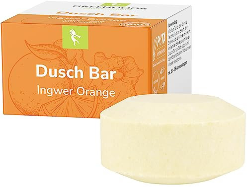 GREENDOOR Dusch Bar Ingwer Orange 75g festes Duschgel, hautmilde Dusche mit Bio Sheabutter ohne Palmöl Sulfate Plastik, Naturkosmetik natürlich ohne Tierversuche, Dusch-Seife