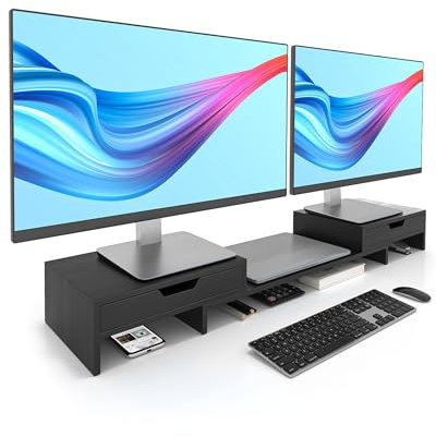 Elephance Dual Monitor Stand Riser with Adjustable Length and Angle, Bamboo Computer Riser with 2 Extra Drawers, Desk Organizer for Laptop, Computer