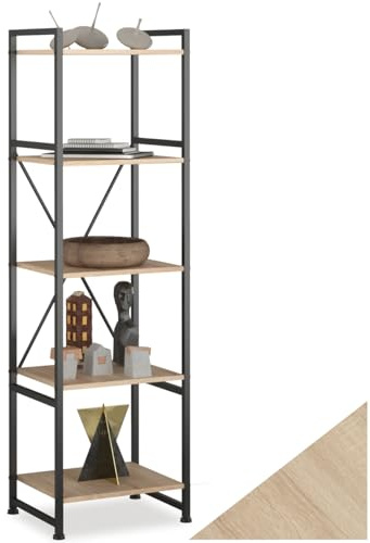 TecTake® Bookcase with 5 Shelves and Steel Frame for Books, Flowers, Ornaments, Industrial Shelving Unit for Living Room Furniture, Office Storage, Bedroom - Light Wood