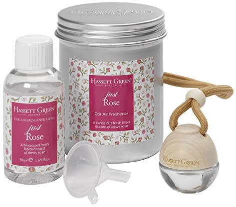 Hassett Green London Just Rose Car Air Freshener & Refill Kit | Empty wooden-top freshener & 50ml oil, Fresh, dewy floral aroma, Refillable design, For cars & small spaces