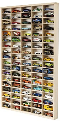 DECOCRAFT Vitrina compatible con Hot Wheels Lorry Design - Estantes de almacenamiento de juguetes con 90 ranuras - Caja de almacenamiento de madera resistente - Diseño moderno