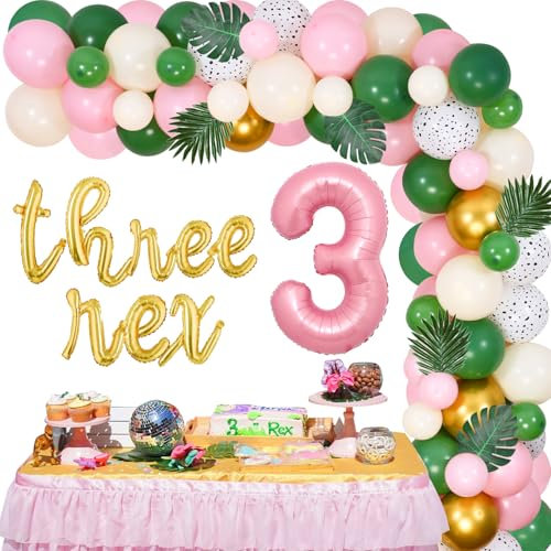 Sursurprise Dinosaur 3rd Birthday Decorations for Girl Three Rex Balloon Garland Arch Kit Pink Sage Green 3 Years Old Third Birthday Party Supplies
