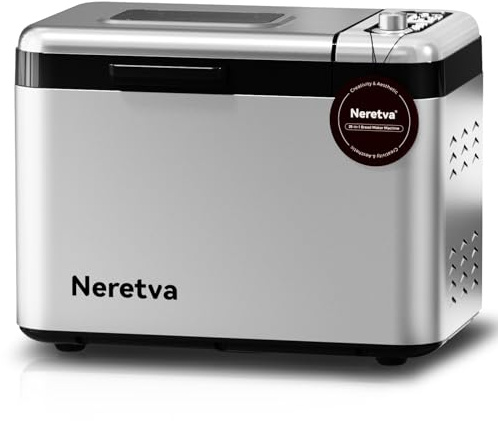Neretva - Máquina de pan más grande de 3 libras de acero inoxidable 15 en 1 y dispensador automático de cacerolas y tuercas de cerámica antiadherente, panel táctil completo con centeno de trigo blanco