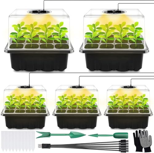 ZLPBAO Mini Gewächshaus Anzucht, 5 Stück Zimmergewächshaus Anzuchtkasten mit Licht, Treibhaus Anzuchtschale mit Hoher Deckel,Vollspektrum-Wachstumslichter, 10 Etiketten 2 Werkzeuge 1 Paar Handschuhe