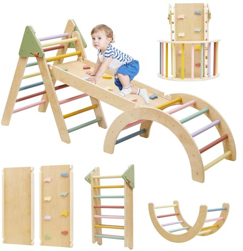 Foldable Pikler Triangle Climbing Set Wooden 7 in 1 Montessori Climber Toys for Toddlers 1-3 Baby Jungle Gym Indoor Slide Playground with Ramp/ Arch/ Ladder Large Kids Activity Center Boy & Girl Gift