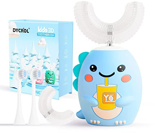 DYCROL Kids U Shaped Electric Toothbrush with 4 Brush Heads, Sonic Toothbrush Kids with 5 Modes, Cartoon Dinosaur 360-Degree Cleaning IPX7 Waterproof Design (2-6 Age (Blue))