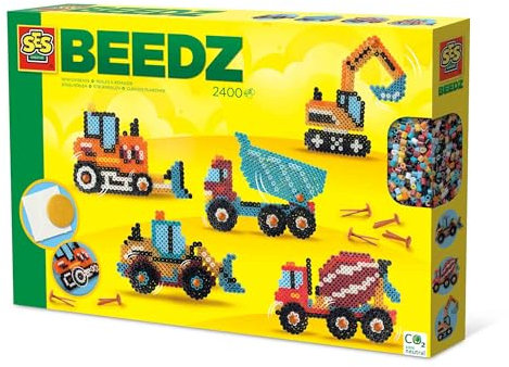 SES Creative 06206 Bügelperlen-Set Baufahrzeuge, 2400 Perlen für Fahrzeugkonstruktionen, Diverse Farben