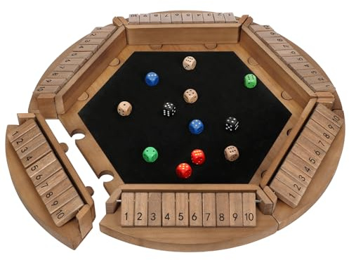 Shut The Box Game for 1-6 Players, Plusvivo Large Round Wooden Board Dice Game with 14 Dice for Adults, 6 Way Clever Math Game for Home Classroom or Pub