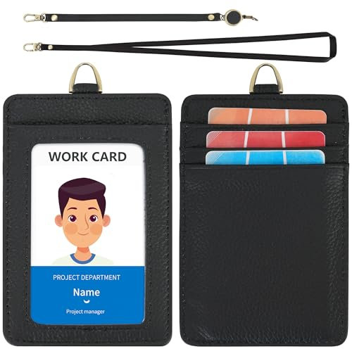 Wason Ausweishalter Echtleder Hülle Abnehmbarem Umhängeriemen Handschlaufe ausziehbarem Ausweis Rollenhalter, 5 Kartenfächer von Studenten Krankenschwestern Ärzten Ingenieuren Fahrern (Schwarz)