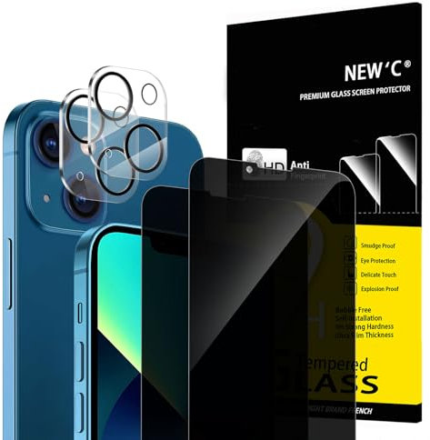NEW'C 2 x Sichtschutz für iPhone 13 für Panzerglas (6,1 Zoll) und 2x Kamera Panzer Schutz Glas Kameraschutz -28 Grad verbesserter Sichtwinkel - kratzfest