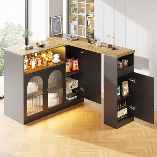 Merax Tavolo da bar allungabile con vano portaoggetti, girevole a 360°, tavolino da bar, tavolo da bistrot da cucina, angolo caffè, con anta in vetro e luce LED, nero opaco, 120-197 x 40 x 100 cm