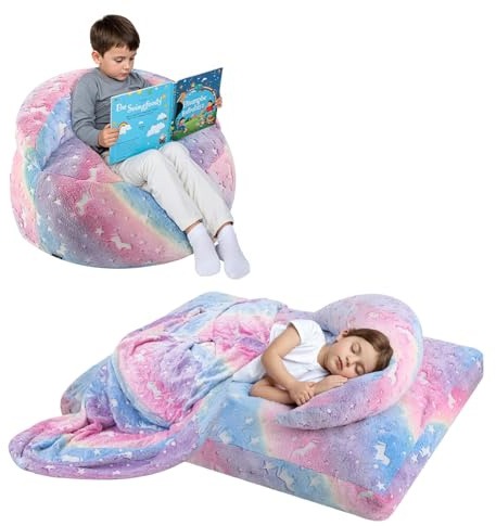 COMAX Bean Bag Chair for Kids, Unicorn Convertible Toddler Beanbag Bed, Children Bean Chair Stuffed to Floor Mattress with Filler, Colorful Rainbow