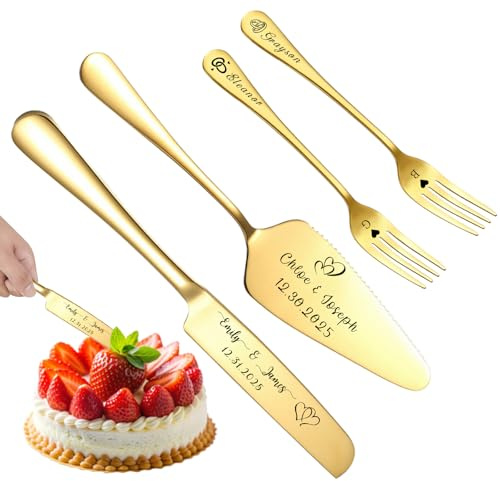 QSZ Personalised Wedding Cake Cutter Set Engraved Cake Knife with Names Icon Text for Weddings Birthday Anniversaries (Wedding Cake Knife Set)