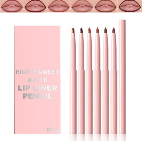 6Pcs Automatic Liquid Lip Liner Set – Wine Red, Classic Red, Brick Red, Nude, Coffee Brown & Plum Matte – Long-Lasting, Waterproof, Smudge-Proof for Contouring, Plumping, Natural Lip Makeup (#01)