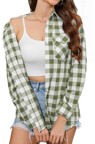 Stamain Rutig Skjorta Kvinnor Långärmad Button Down Skjorta Kvinnor Bomull Blus Toppar Rulla Casual Klassisk Kontor Party med Fickor S-3XL, Grön-2, M