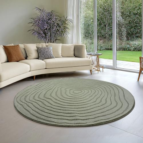 the carpet Everest - modern short pile with high-low effect, 3D effect, high pile density and pleasantly soft, Green, 160 cm Round